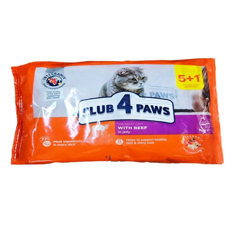 Προσφορά: Club 4 Рaws Premium pouch Beef in Jelly (5+1 Δώρο) for Adult Cats (με Βοδινό σε Ζελέ) 480gr