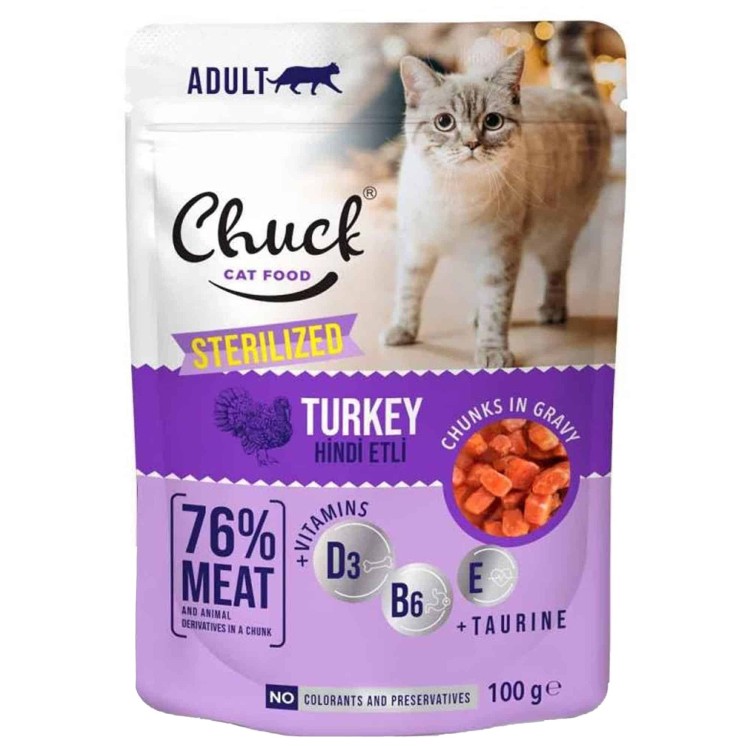 Chuck Adult Sterilised Food with Turkey in Gravy 100gr (Γαλοπούλα σε Σάλτσα - για Στειρωμένες Γάτες)