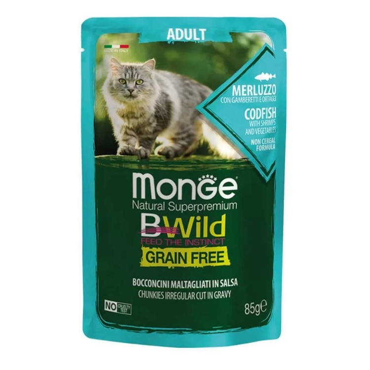 Monge Bwild Grain Free Adult με Μπακαλιάρο, Γαρίδα & Λαχανικά 85gr (σε σάλτσα)