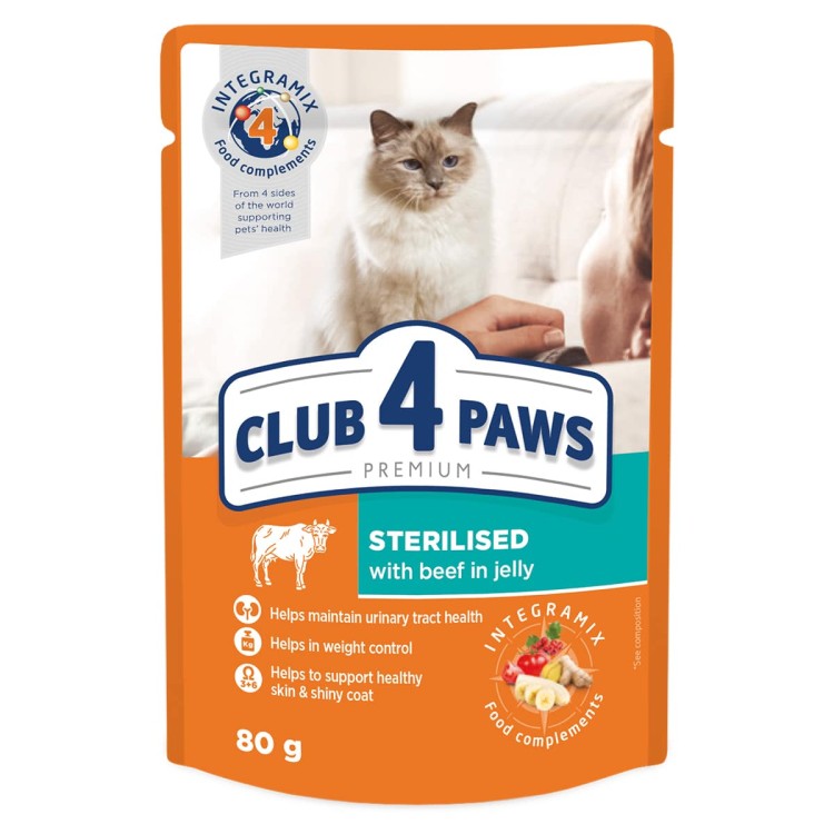 Club 4 Рaws Premium pouch Beef in Jelly for Sterilised Cats 80gr (με Βοδινό σε Ζελέ)