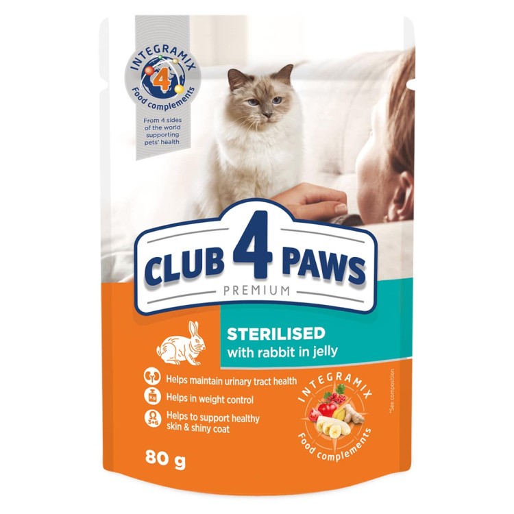 Club 4 Рaws Premium pouch Rabbit in Jelly for Sterilised Cats 80gr (με Κουνέλι σε Ζελέ)