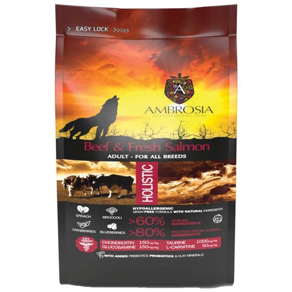 Ambrosia Holistic Grain Free Adult Regular Dog Beef & Salmon 2kg (Βοδινό - Σολομός)