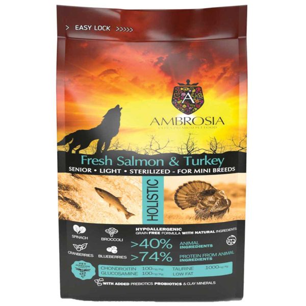 Ambrosia Holistic Grain Free Mini Dog Adult Senior Light Sterilised Fresh Salmon & Turkey 1.5kg (Σολομός - Γαλοπούλα)