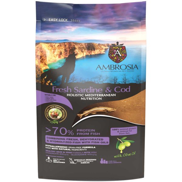 Ambrosia Mediterranean Diet Grain Free Holistic Regular Senior Light & Sterilised Dog Fresh Sardine & Cod 1.5kg (Σαρδέλα - Μπακαλιάρος)