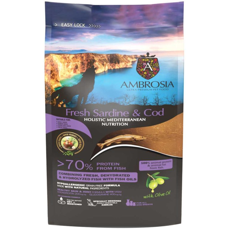 Ambrosia Mediterranean Diet Grain Free Holistic Regular Senior Light & Sterilised Dog Fresh Sardine & Cod 5kg (Σαρδέλα - Μπακαλιάρος)