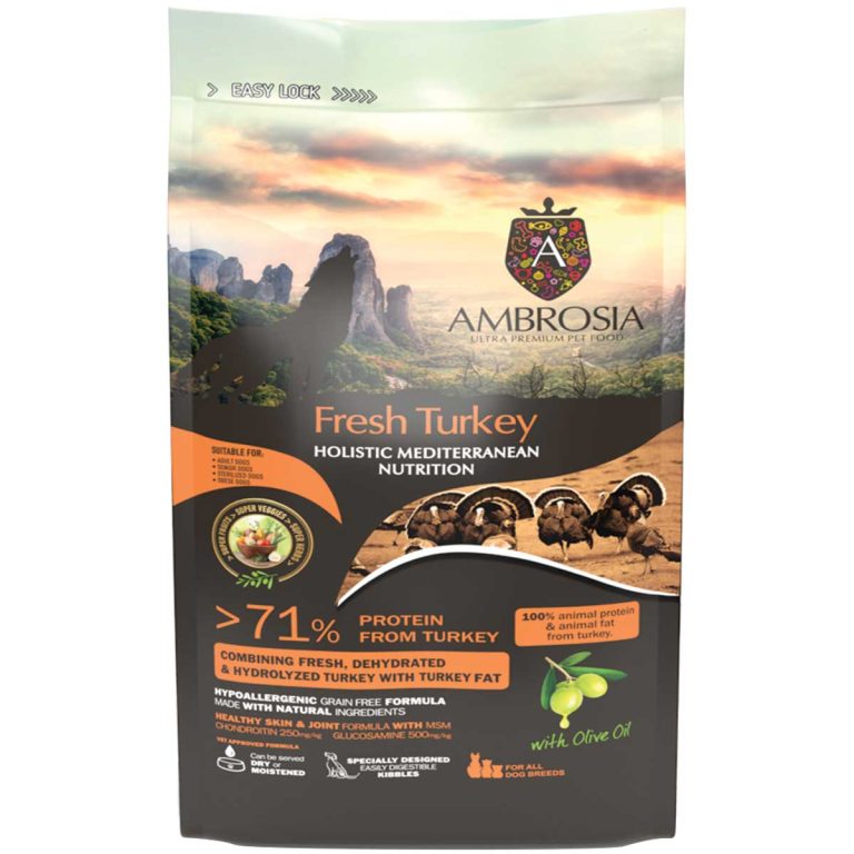 Ambrosia Mediterranean Diet Grain Free Holistic Regular Senior Light & Sterilised Dog Fresh Turkey 1.5kg (Γαλοπούλα)