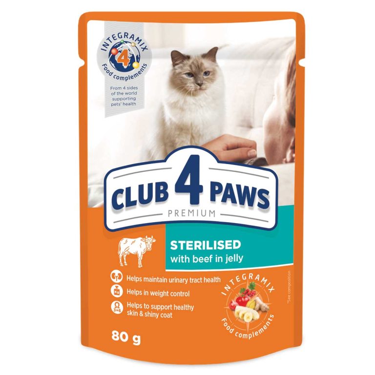 Club 4 Paws Premium Pouch for Adult Sterilised Cat with Beef in Jelly 80gr (Μοσχάρι σε Ζελέ)