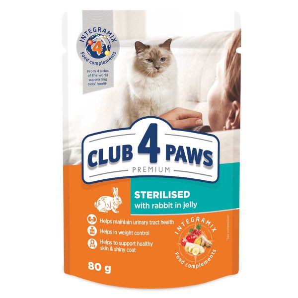 Club 4 Paws Premium Pouch for Adult Sterilised Cat with Rabbit in Jelly 80gr (Κουνέλι σε Ζελέ)