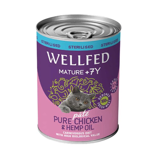 Wellfed Mature +7 Pate for Sterilised Cat with Chicken & Hemp Oil 400gr (Πατέ Κοτόπουλο - Έλαιο Κάνναβης)