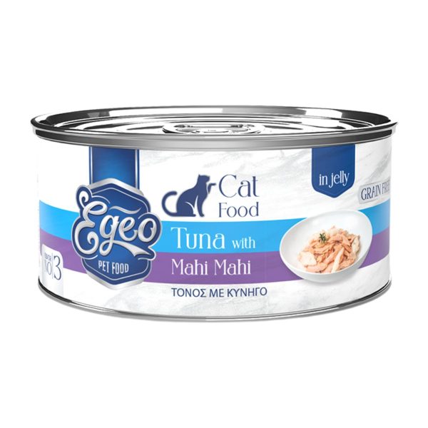 Egeo Grain Free Adult Cat Food Tuna with Mahi Mahi in Jelly 85gr (No 3) (Τόνος με Κυνηγό σε Ζελέ)