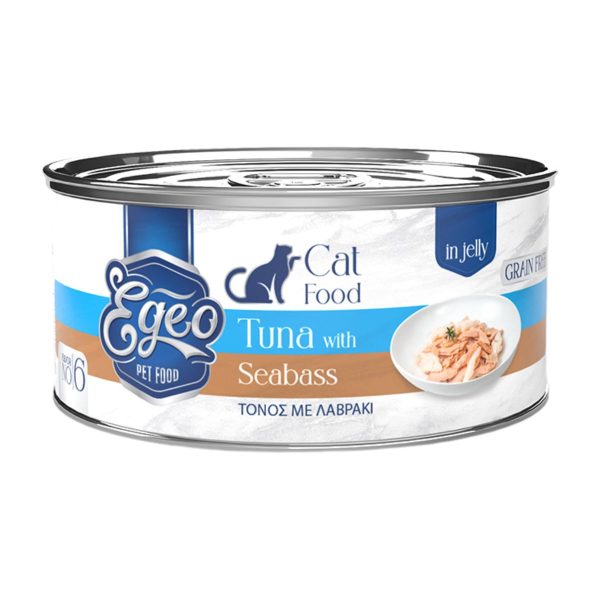 Egeo Grain Free Adult Cat Food Tuna with Seabass in Jelly 85gr (No 6) (Τόνος με Λαβράκι σε Ζελέ)