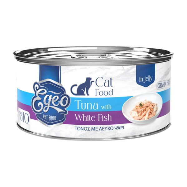 Egeo Grain Free Adult Cat Food Tuna with White Fish in Jelly 85gr (No 10) (Τόνος με Λευκό Ψάρι σε Ζελέ)