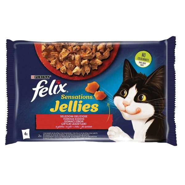 Felix Sensations Jellies Cat Food with Beef & Chicken 4 x 85gr (με Βοδινό & Κοτόπουλο σε Ζελέ)