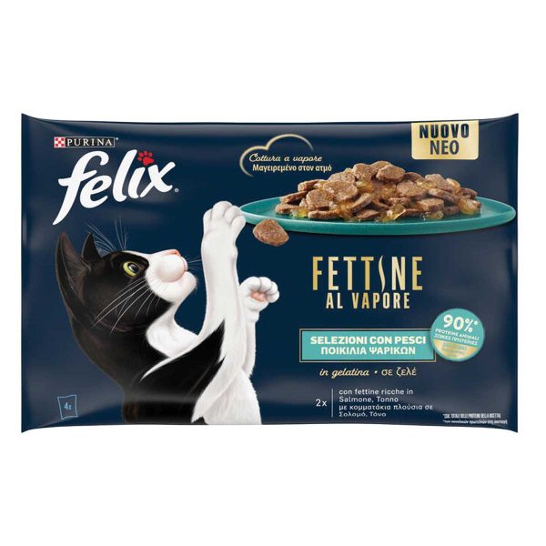 Felix Fettine Al Vapore Cat Food with Fish 4 x 80gr (με Ποικιλία Ψαρικών σε Ζελέ)