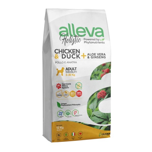 Alleva Holistic Adult Medium Maxi Κοτόπουλο, Πάπια Aloe Vera & Ginseng 12kg