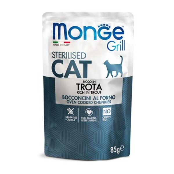Monge Grill Cat Πλήρες Υγρή Τροφή Για Στειρωμένες Γάτες Πέστροφα 85gr