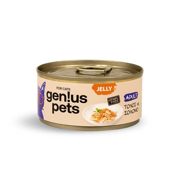 Genius Pets Cats Adult Υγρή Τροφή Για Γάτες Τόνος Με Σολομό Σε Ζελέ 85gr