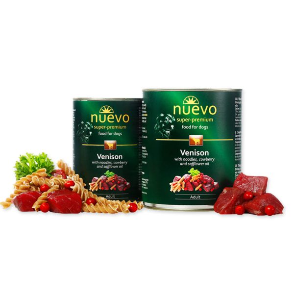 Nuevo Dog Adult 400gr Ελάφι Με Ζυμαρικά, Μύρτιλο Super Premium Adult Υγρή Τροφή Σε Κονσέρβα Ελάφι Με Ζυμαρικά, Μύρτιλο