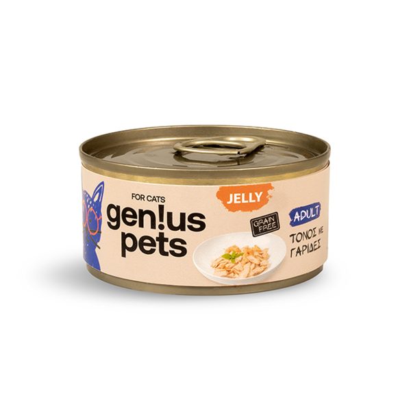 Genius Pets Cats Adult Υγρή Τροφή Για Γάτες Τόνος Με Γαρίδες Σε Ζελέ 85gr
