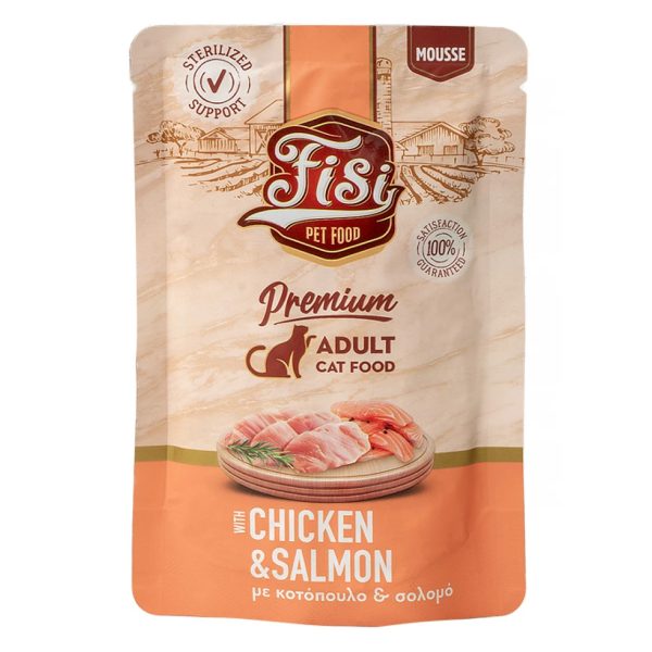 Fisi Cat Adult Sterilised Pure Meat Chicken & Salmon Υγρή Τροφή Για Γάτες Κοτόπουλο & Σολομός Μους 80gr