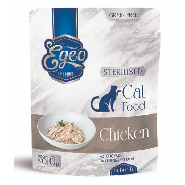 Egeo Cat Grain Free Adult Sterilised Wet Food Chicken Κοτόπουλο Σε Ζωμό 85gr