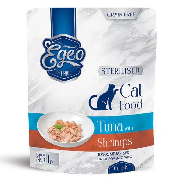 Egeo Cat Grain Free Adult Sterilised Wet Food Tuna Shrimps Τόνος Με Γαρίδες Σε Ζελέ 85gr