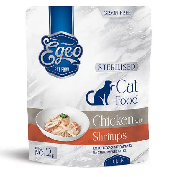 Egeo Cat Grain Free Adult Sterilised Wet Food Chicken Shrimps Κοτόπουλο Με Γαρίδες Σε Ζελέ 85gr