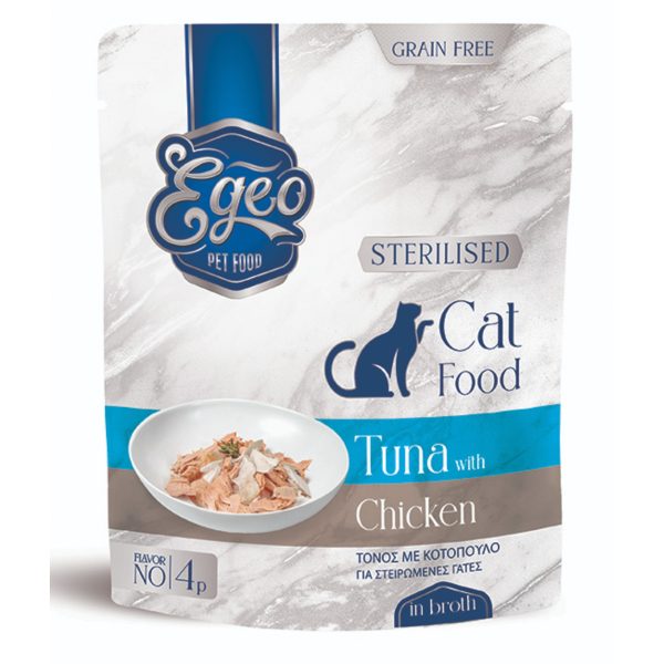 Egeo Cat Grain Free Adult Sterilised Wet Food Tuna Chicken Τόνος Με Κοτόπουλο Σε Ζωμό 85gr