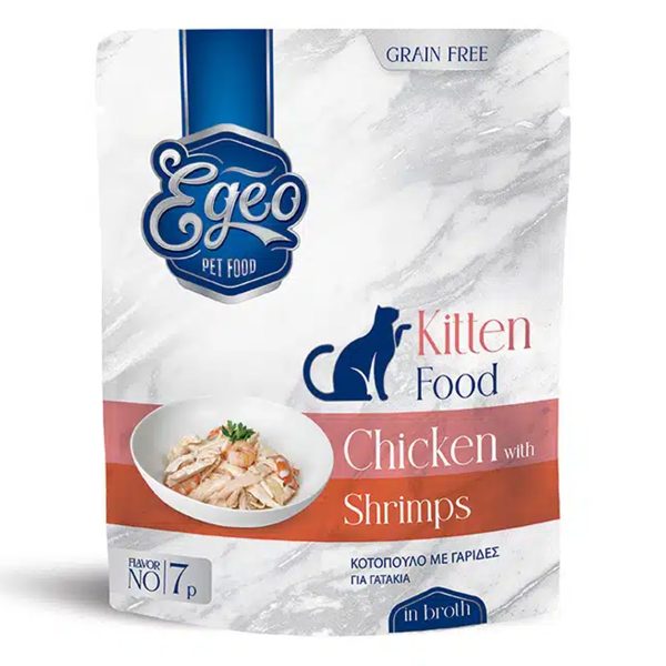 Egeo Cat Grain Free Adult Sterilised Wet Food Chicken Shrimps Κοτόπουλο Με Γαρίδες Σε Ζωμό 85gr