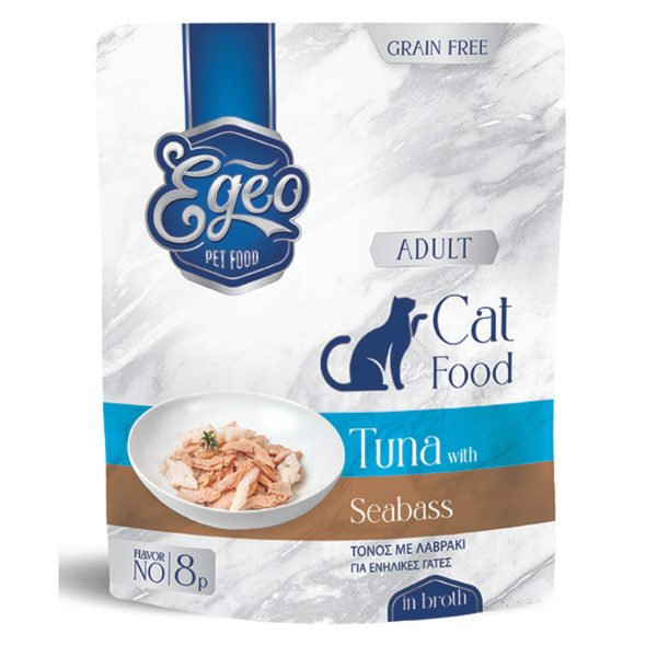 Egeo Cat Grain Free Adult Sterilised Wet Food Tuna Seabass Τόνος Με Λαβράκι Σε Ζωμό 85gr