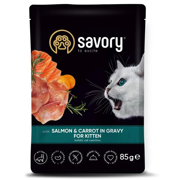 Savory Kitten Salmon & Carrot Υγρή Τροφή Για Γατάκια Σολομός & Καρότο Σε Σάλτσα 85gr