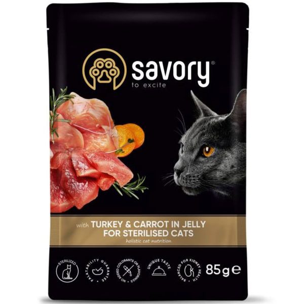 Savory Sterilised Turkey & Carrots Υγρή Τροφή Για Στειρωμένες Γάτες Γαλοπούλα & Καρότα Σε Ζελέ 85gr