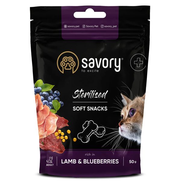 Savory Sterilised Soft Snacks Μαλακές Λιχουδιές Για Στειρωμένες Γάτες Αρνί & Μύρτιλα 50gr